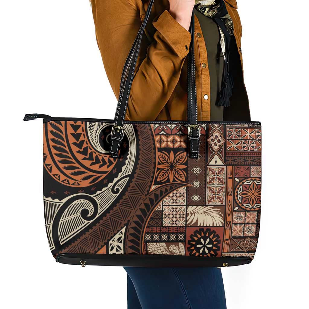Vintage Samoa Siapo Mamanu Leather Tote Bag Brown Samoan Tapa Motif - Polynesian Pride