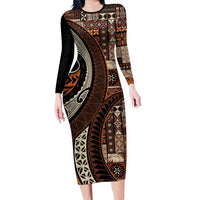 Vintage Samoa Siapo Mamanu Long Sleeve Bodycon Dress Brown Samoan Tapa Motif LT9 Long Dress Brown - Polynesian Pride