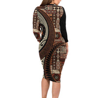 Vintage Samoa Siapo Mamanu Long Sleeve Bodycon Dress Brown Samoan Tapa Motif LT9 - Polynesian Pride