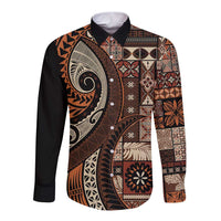 Vintage Samoa Siapo Mamanu Long Sleeve Button Shirt Brown Samoan Tapa Motif - Polynesian Pride