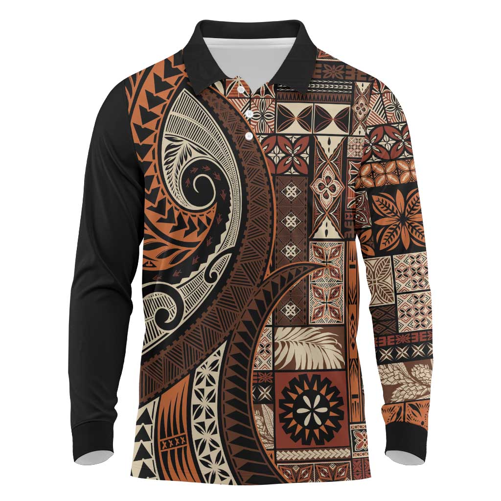 Vintage Samoa Siapo Mamanu Long Sleeve Polo Shirt Brown Samoan Tapa Motif - Polynesian Pride