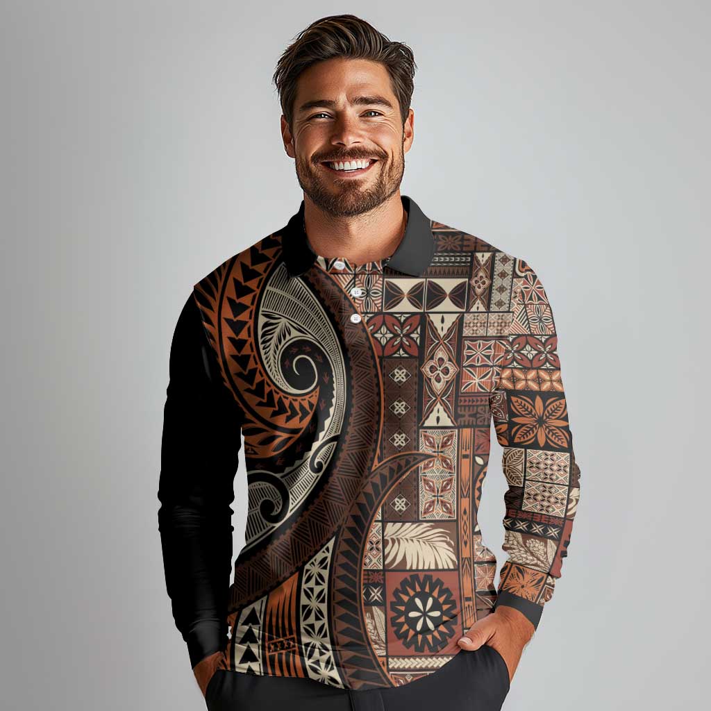 Vintage Samoa Siapo Mamanu Long Sleeve Polo Shirt Brown Samoan Tapa Motif - Polynesian Pride