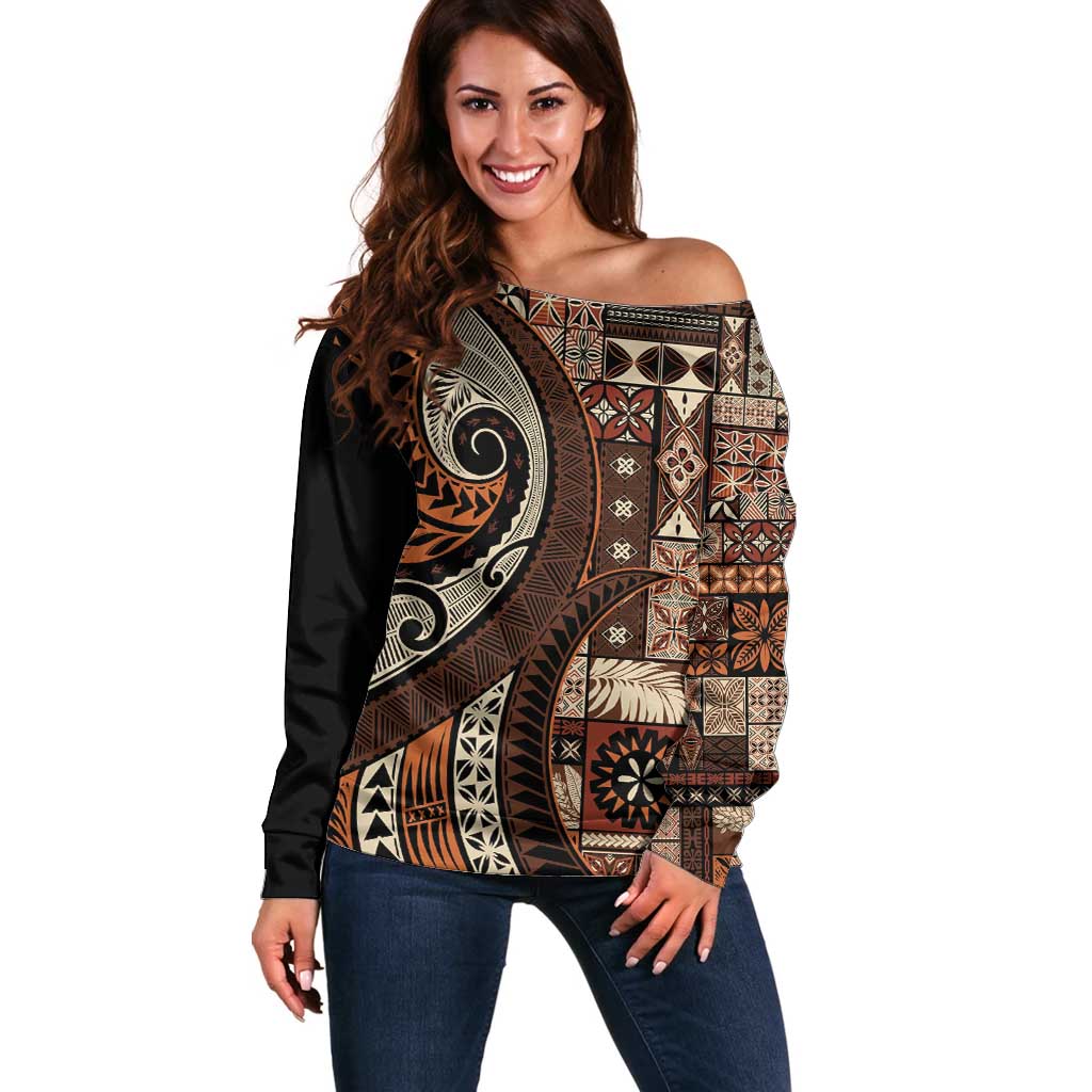Vintage Samoa Siapo Mamanu Off Shoulder Sweater Brown Samoan Tapa Motif - Polynesian Pride