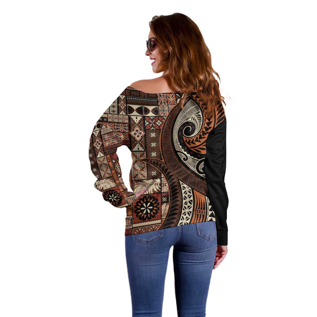 Vintage Samoa Siapo Mamanu Off Shoulder Sweater Brown Samoan Tapa Motif - Polynesian Pride