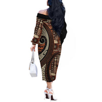Vintage Samoa Siapo Mamanu Off The Shoulder Long Sleeve Dress Brown Samoan Tapa Motif LT9 - Polynesian Pride