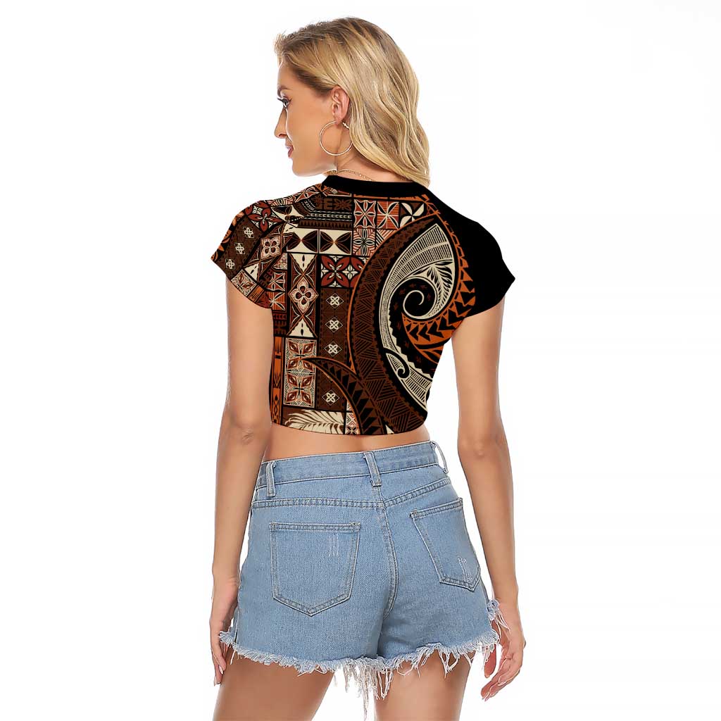 Vintage Samoa Siapo Mamanu Raglan Cropped T Shirt Brown Samoan Tapa Motif - Polynesian Pride