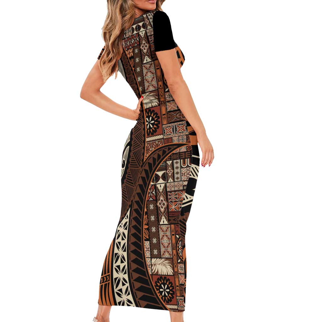 Vintage Samoa Siapo Mamanu Short Sleeve Bodycon Dress Brown Samoan Tapa Motif - Polynesian Pride