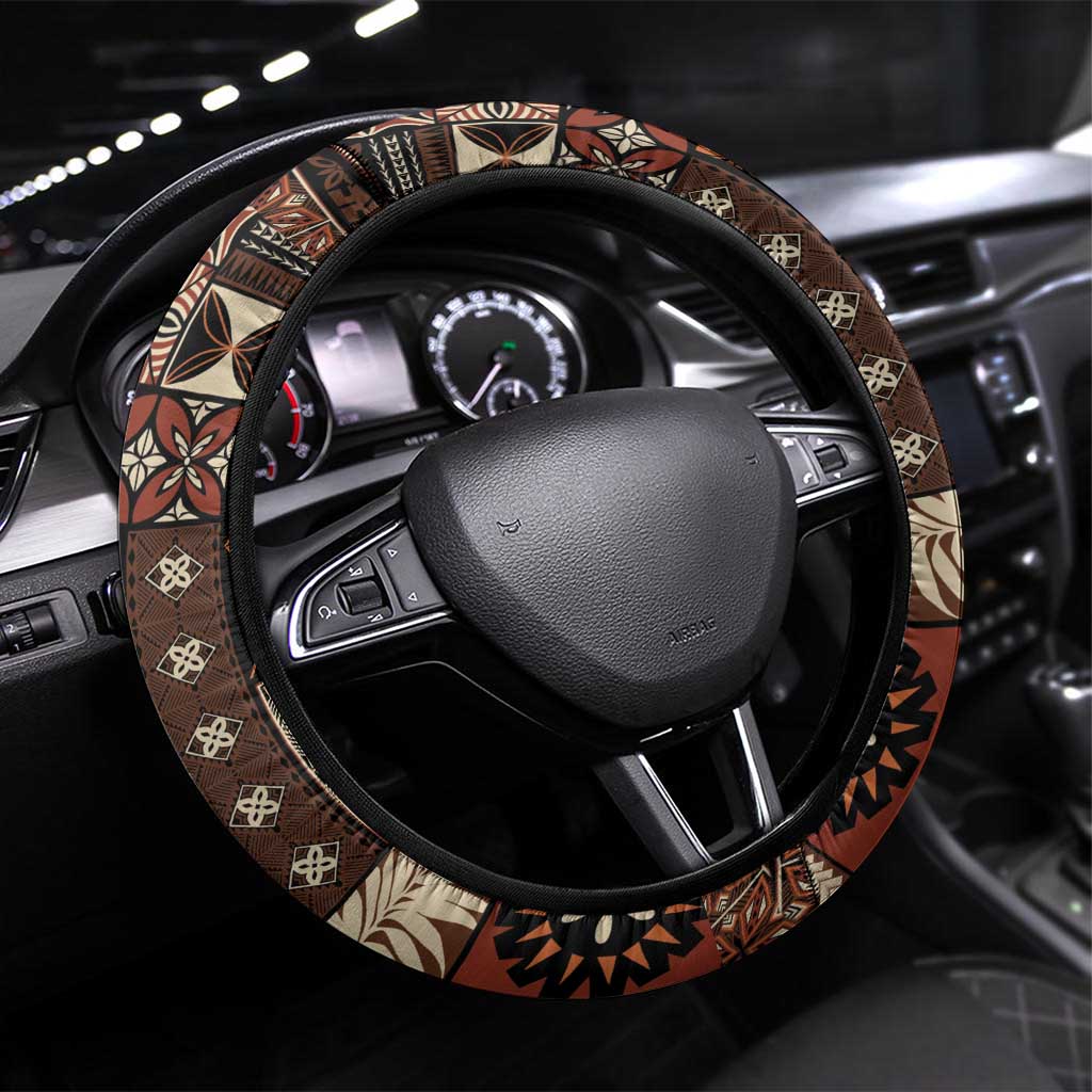 Vintage Samoa Siapo Mamanu Steering Wheel Cover Brown Samoan Tapa Motif - Polynesian Pride
