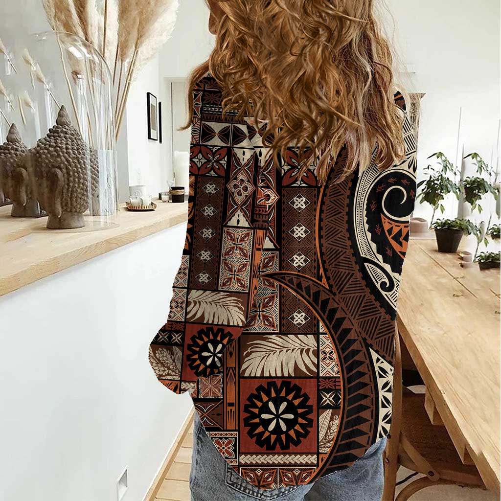 Vintage Samoa Siapo Mamanu Women Casual Shirt Brown Samoan Tapa Motif LT9 - Polynesian Pride