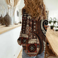 Vintage Samoa Siapo Mamanu Women Casual Shirt Brown Samoan Tapa Motif LT9 - Polynesian Pride