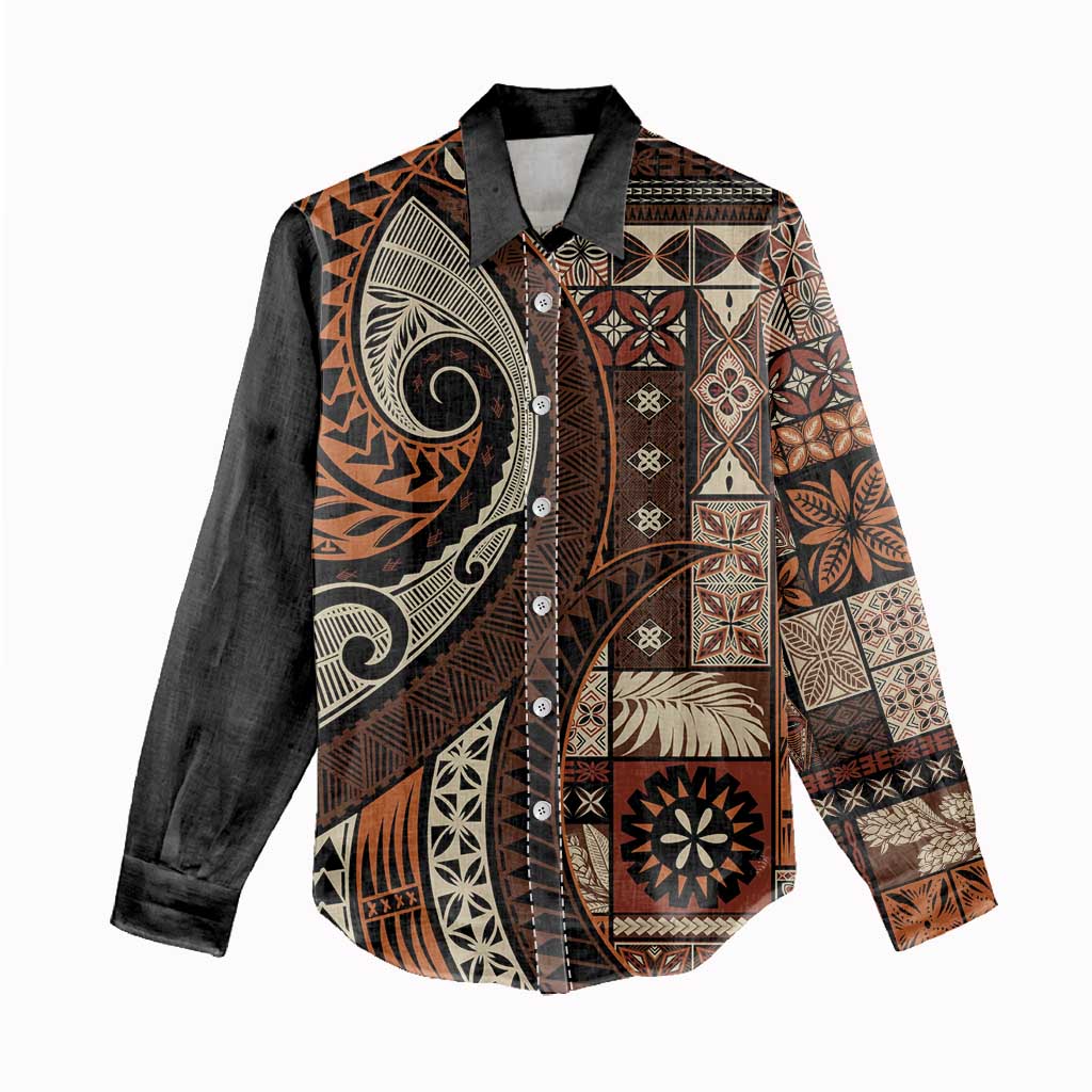 Vintage Samoa Siapo Mamanu Women Casual Shirt Brown Samoan Tapa Motif LT9 - Polynesian Pride