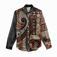 Vintage Samoa Siapo Mamanu Women Casual Shirt Brown Samoan Tapa Motif LT9 - Polynesian Pride