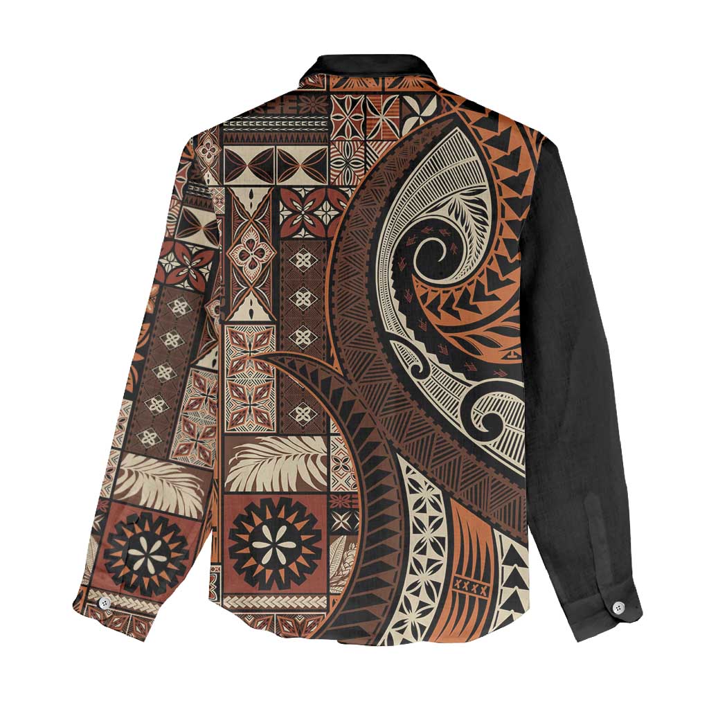Vintage Samoa Siapo Mamanu Women Casual Shirt Brown Samoan Tapa Motif LT9 - Polynesian Pride
