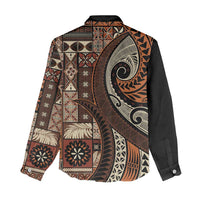 Vintage Samoa Siapo Mamanu Women Casual Shirt Brown Samoan Tapa Motif LT9 - Polynesian Pride