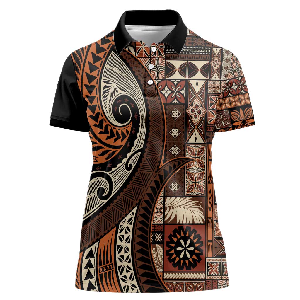 Vintage Samoa Siapo Mamanu Women Polo Shirt Brown Samoan Tapa Motif - Polynesian Pride