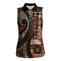 Vintage Samoa Siapo Mamanu Women Sleeveless Polo Shirt Brown Samoan Tapa Motif LT9 Female Brown - Polynesian Pride