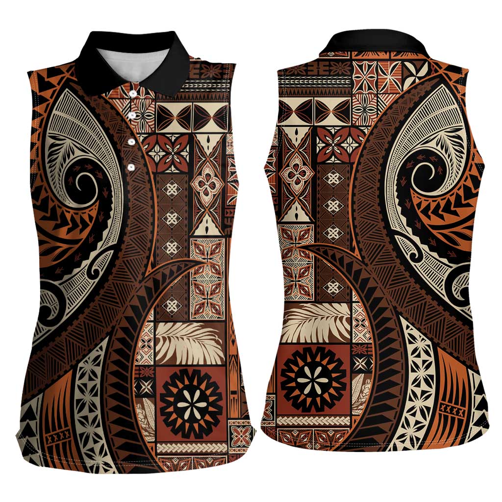 Vintage Samoa Siapo Mamanu Women Sleeveless Polo Shirt Brown Samoan Tapa Motif LT9 - Polynesian Pride