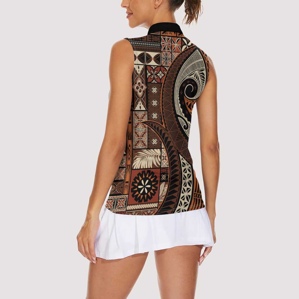 Vintage Samoa Siapo Mamanu Women Sleeveless Polo Shirt Brown Samoan Tapa Motif LT9 - Polynesian Pride