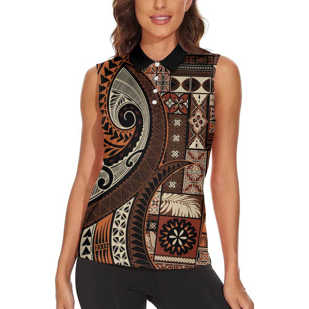 Vintage Samoa Siapo Mamanu Women Sleeveless Polo Shirt Brown Samoan Tapa Motif LT9 - Polynesian Pride