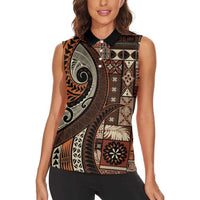 Vintage Samoa Siapo Mamanu Women Sleeveless Polo Shirt Brown Samoan Tapa Motif LT9 - Polynesian Pride