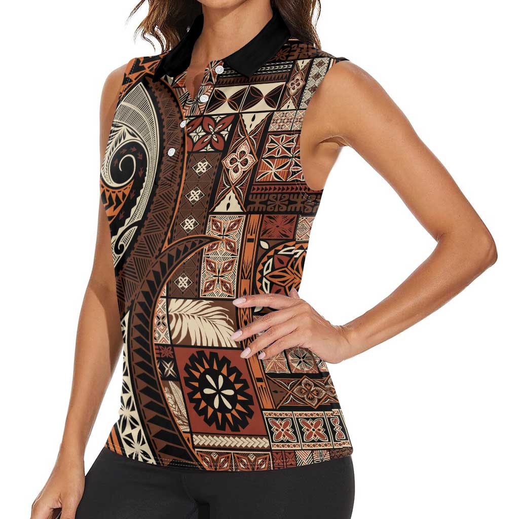 Vintage Samoa Siapo Mamanu Women Sleeveless Polo Shirt Brown Samoan Tapa Motif LT9 - Polynesian Pride