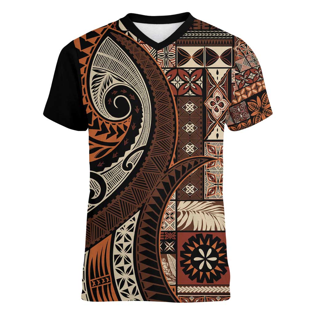 Vintage Samoa Siapo Mamanu Women V-Neck T-Shirt Brown Samoan Tapa Motif LT9 Female Brown - Polynesian Pride