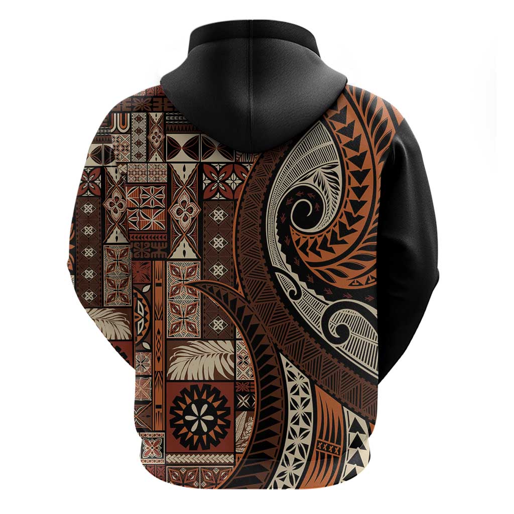 Vintage Samoa Siapo Mamanu Zip Hoodie Brown Samoan Tapa Motif - Polynesian Pride