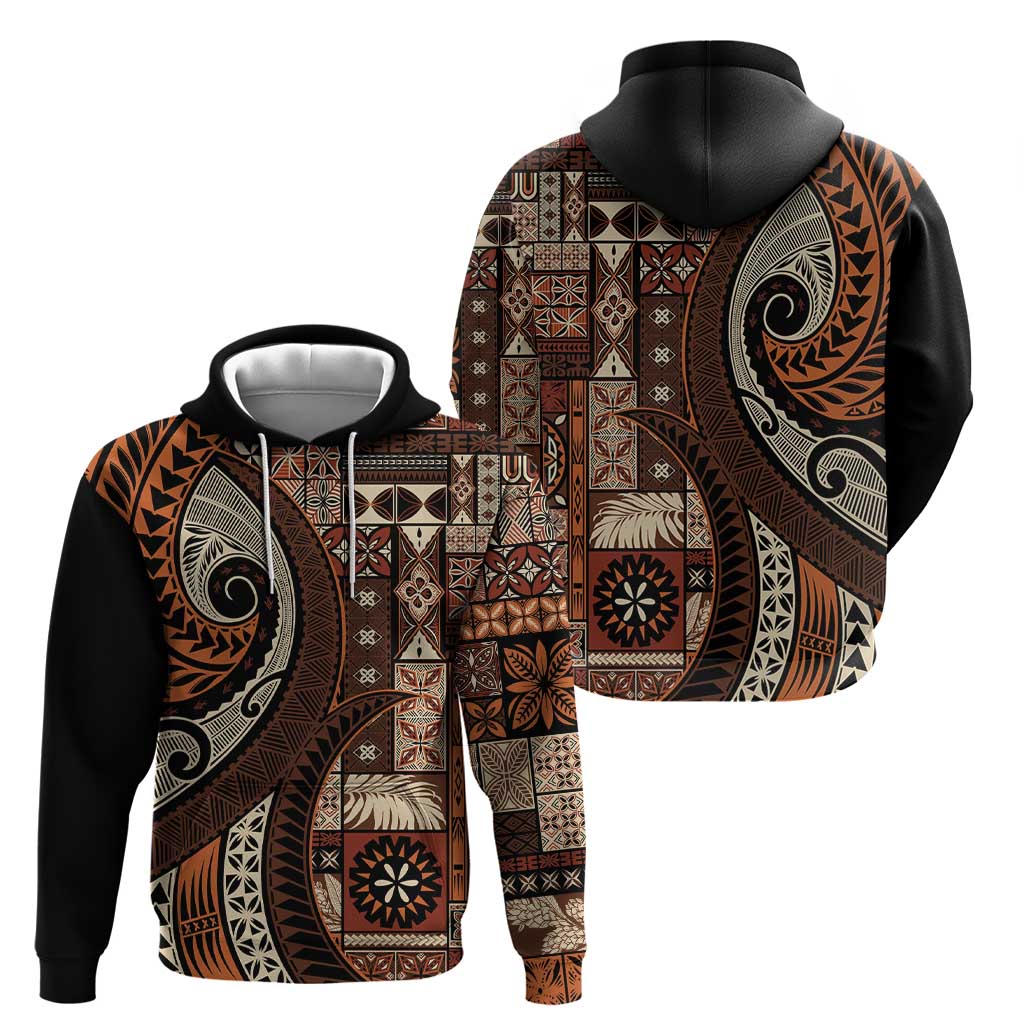 Vintage Samoa Siapo Mamanu Zip Hoodie Brown Samoan Tapa Motif - Polynesian Pride