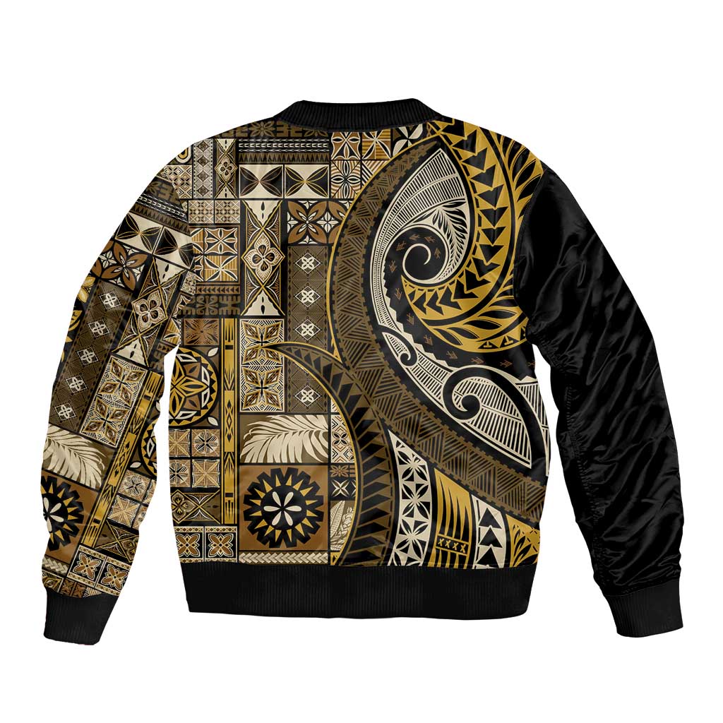 Vintage Samoa Siapo Mamanu Bomber Jacket Gold Samoan Tapa Motif - Polynesian Pride
