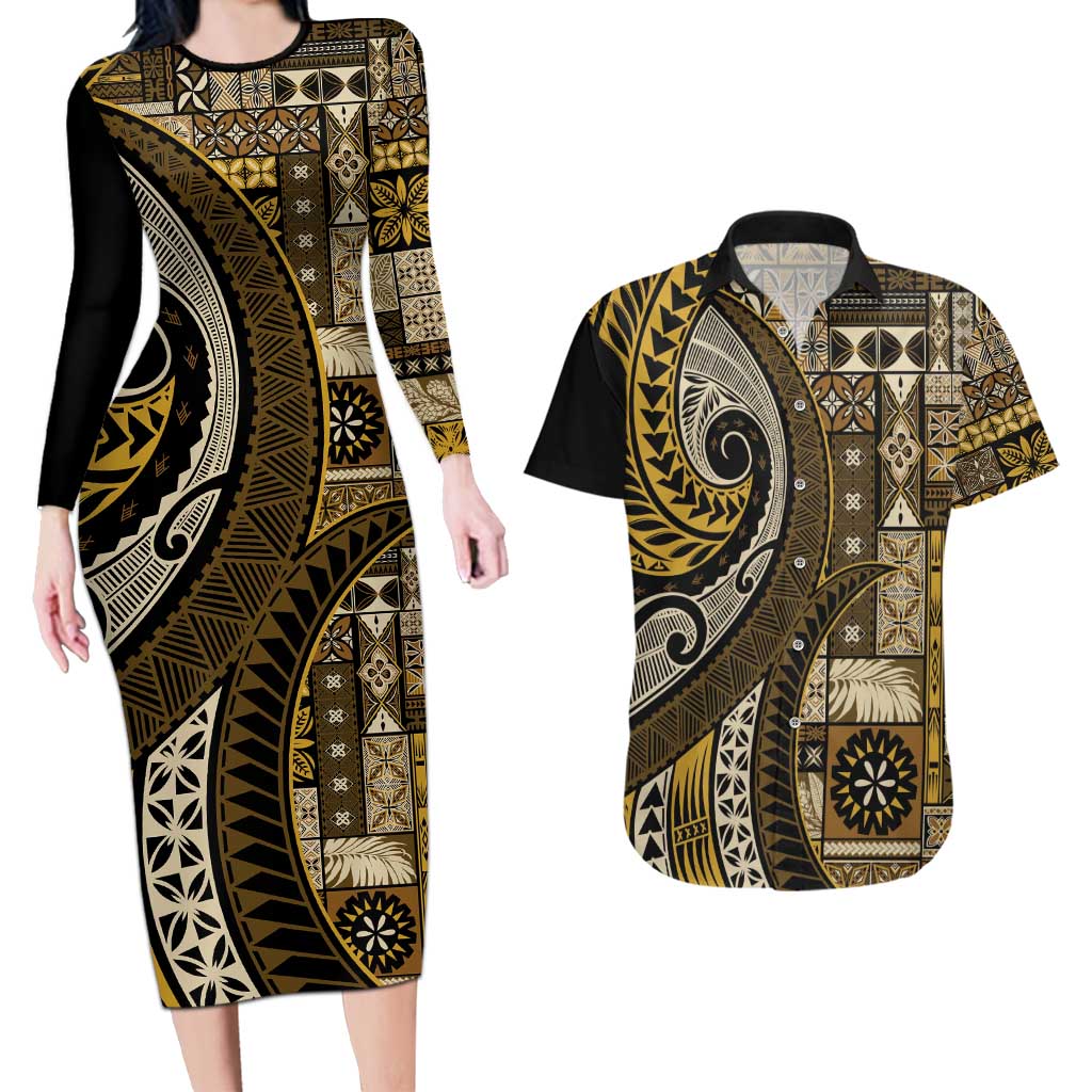 Vintage Samoa Siapo Mamanu Couples Matching Long Sleeve Bodycon Dress and Hawaiian Shirt Gold Samoan Tapa Motif LT9 Gold - Polynesian Pride
