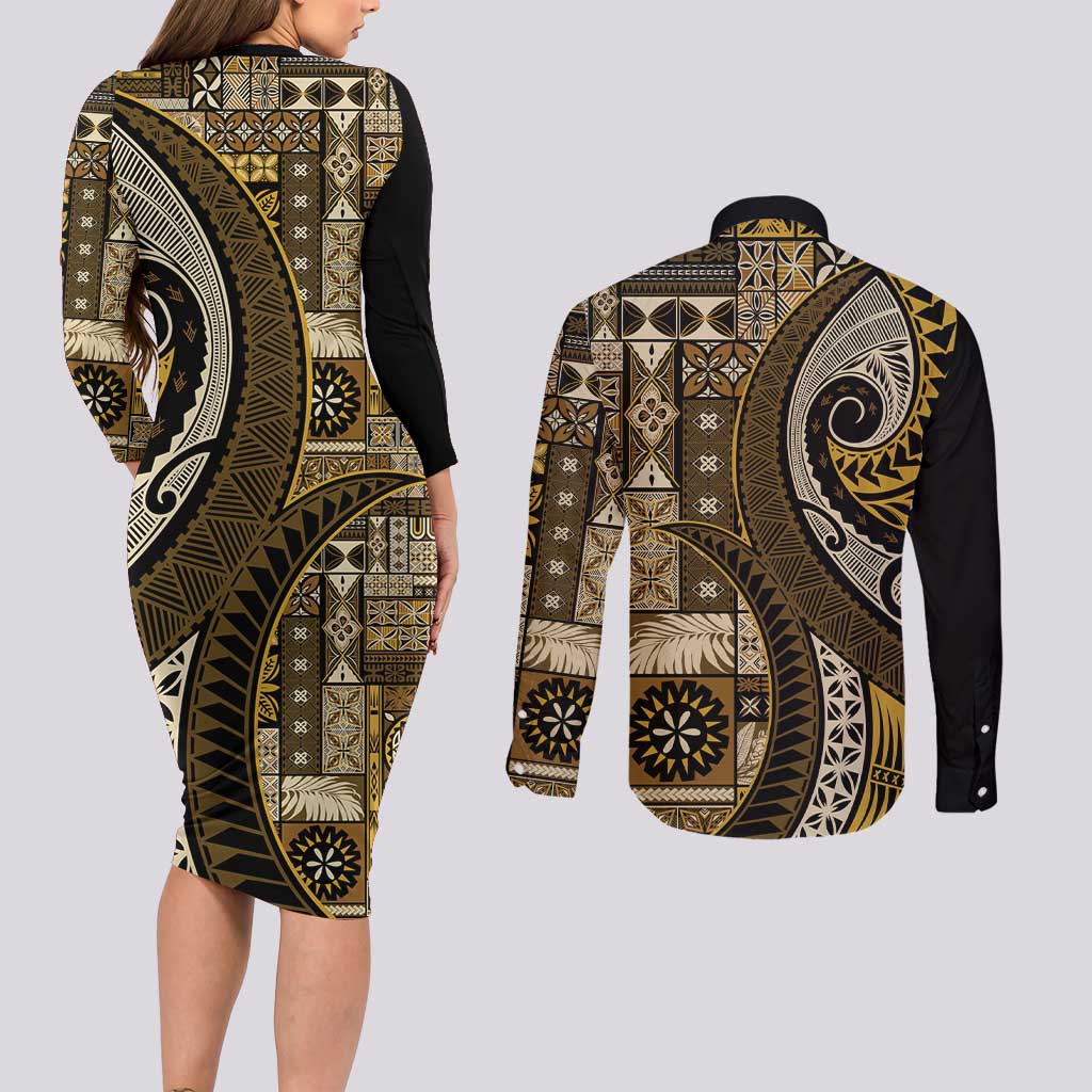 Vintage Samoa Siapo Mamanu Couples Matching Long Sleeve Bodycon Dress and Long Sleeve Button Shirt Gold Samoan Tapa Motif LT9 - Polynesian Pride