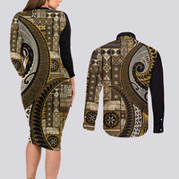 Vintage Samoa Siapo Mamanu Couples Matching Long Sleeve Bodycon Dress and Long Sleeve Button Shirt Gold Samoan Tapa Motif LT9 - Polynesian Pride