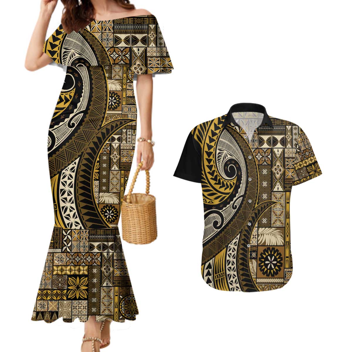 Vintage Samoa Siapo Mamanu Couples Matching Mermaid Dress and Hawaiian Shirt Gold Samoan Tapa Motif - Polynesian Pride