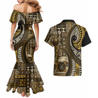 Vintage Samoa Siapo Mamanu Couples Matching Mermaid Dress and Hawaiian Shirt Gold Samoan Tapa Motif LT9 - Polynesian Pride