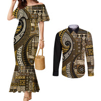 Vintage Samoa Siapo Mamanu Couples Matching Mermaid Dress and Long Sleeve Button Shirt Gold Samoan Tapa Motif LT9 Gold - Polynesian Pride