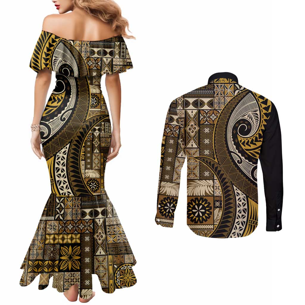 Vintage Samoa Siapo Mamanu Couples Matching Mermaid Dress and Long Sleeve Button Shirt Gold Samoan Tapa Motif LT9 - Polynesian Pride