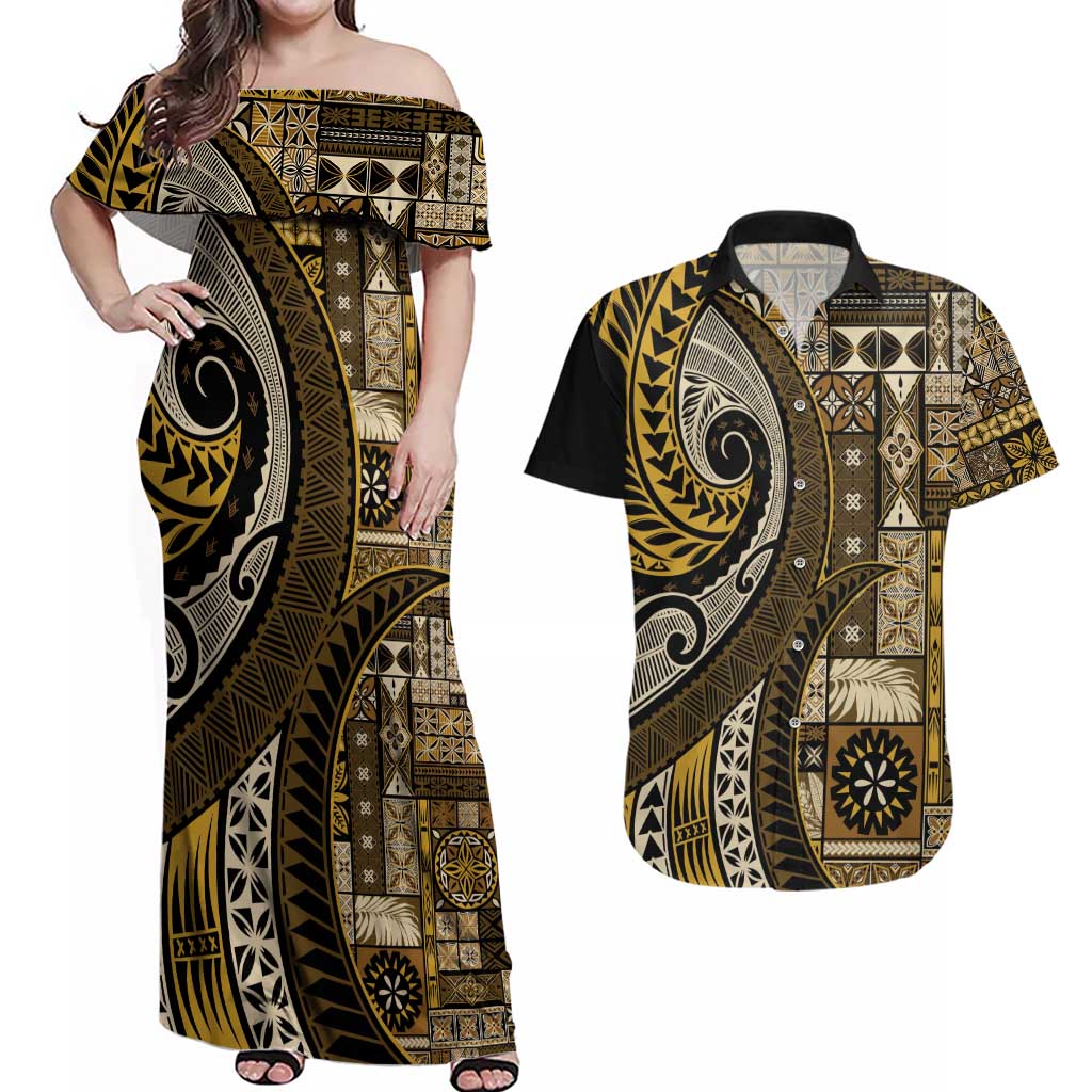Vintage Samoa Siapo Mamanu Couples Matching Off Shoulder Maxi Dress and Hawaiian Shirt Gold Samoan Tapa Motif - Polynesian Pride