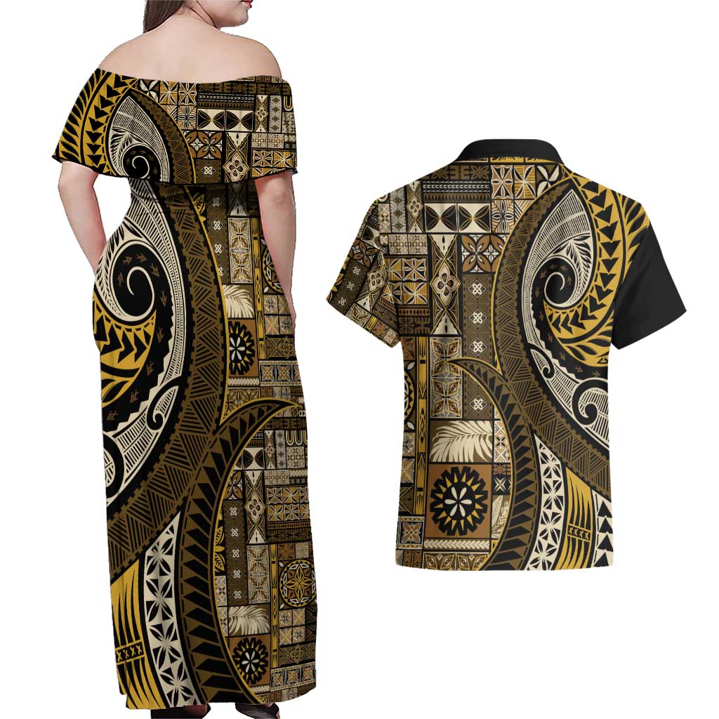 Vintage Samoa Siapo Mamanu Couples Matching Off Shoulder Maxi Dress and Hawaiian Shirt Gold Samoan Tapa Motif LT9 - Polynesian Pride