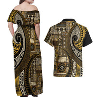 Vintage Samoa Siapo Mamanu Couples Matching Off Shoulder Maxi Dress and Hawaiian Shirt Gold Samoan Tapa Motif LT9 - Polynesian Pride