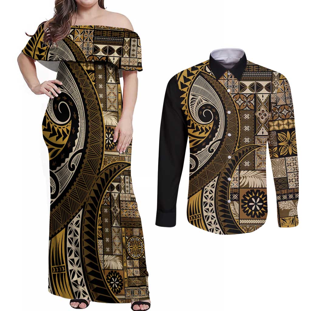 Vintage Samoa Siapo Mamanu Couples Matching Off Shoulder Maxi Dress and Long Sleeve Button Shirt Gold Samoan Tapa Motif LT9 Gold - Polynesian Pride