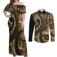 Vintage Samoa Siapo Mamanu Couples Matching Off Shoulder Maxi Dress and Long Sleeve Button Shirt Gold Samoan Tapa Motif LT9 Gold - Polynesian Pride