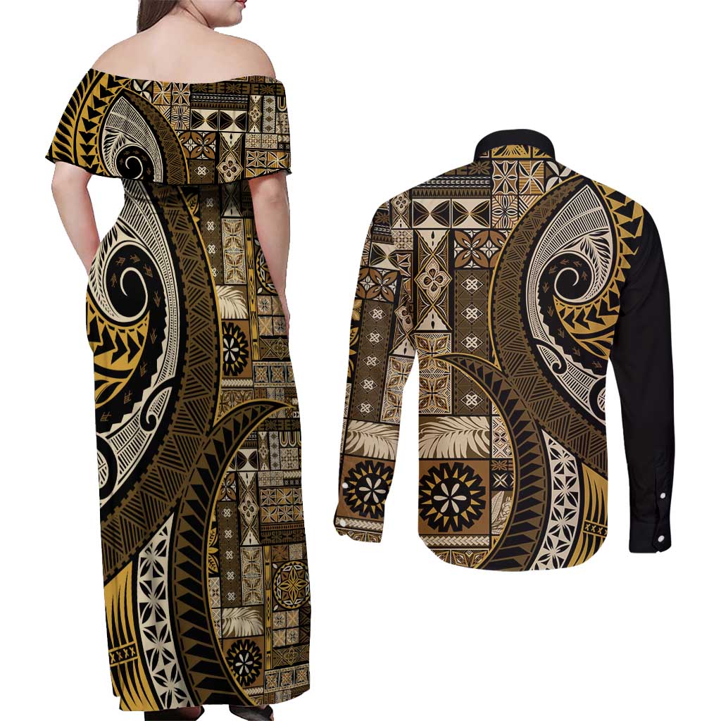 Vintage Samoa Siapo Mamanu Couples Matching Off Shoulder Maxi Dress and Long Sleeve Button Shirt Gold Samoan Tapa Motif LT9 - Polynesian Pride