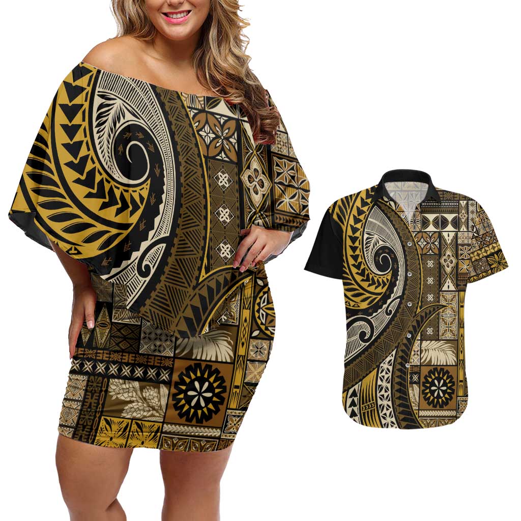 Vintage Samoa Siapo Mamanu Couples Matching Off Shoulder Short Dress and Hawaiian Shirt Gold Samoan Tapa Motif - Polynesian Pride