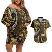 Vintage Samoa Siapo Mamanu Couples Matching Off Shoulder Short Dress and Hawaiian Shirt Gold Samoan Tapa Motif LT9 Gold - Polynesian Pride