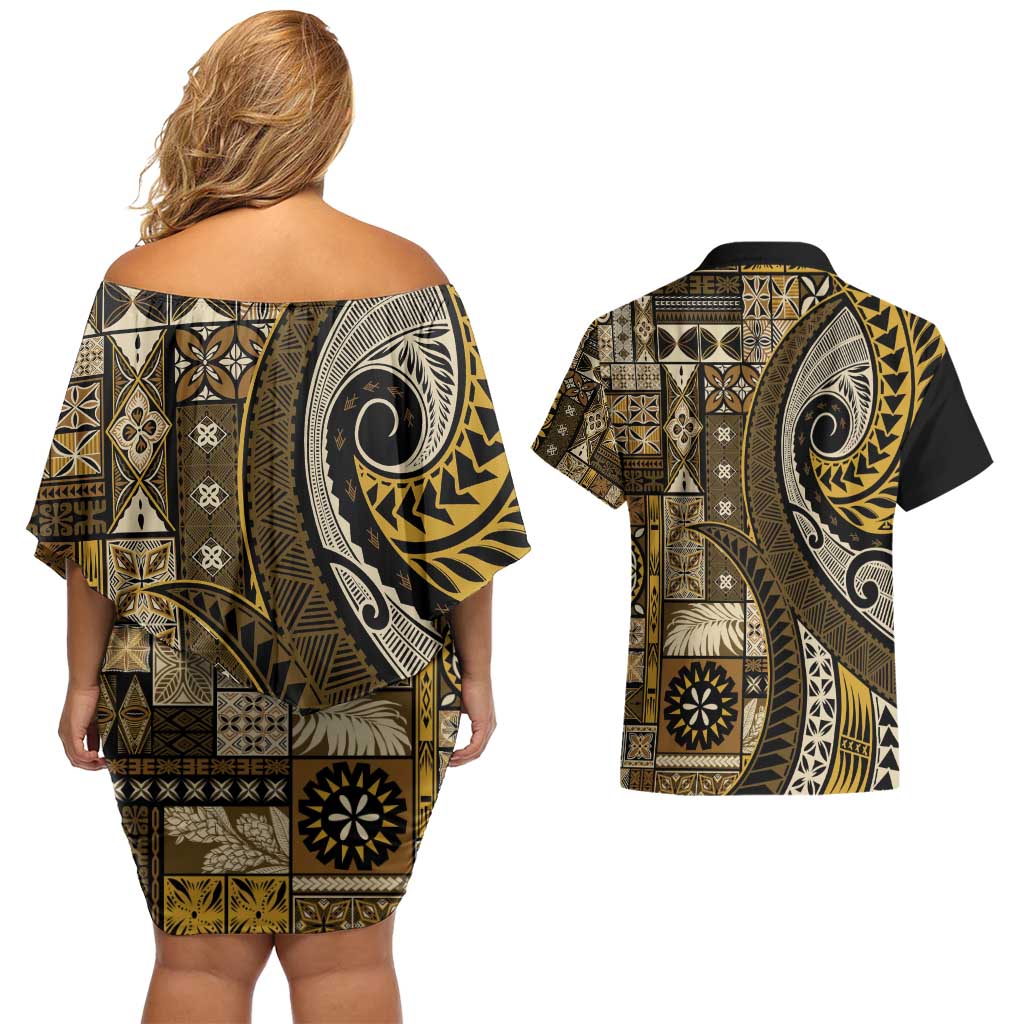 Vintage Samoa Siapo Mamanu Couples Matching Off Shoulder Short Dress and Hawaiian Shirt Gold Samoan Tapa Motif LT9 - Polynesian Pride