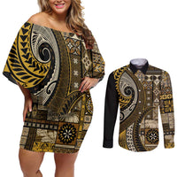 Vintage Samoa Siapo Mamanu Couples Matching Off Shoulder Short Dress and Long Sleeve Button Shirt Gold Samoan Tapa Motif LT9 Gold - Polynesian Pride