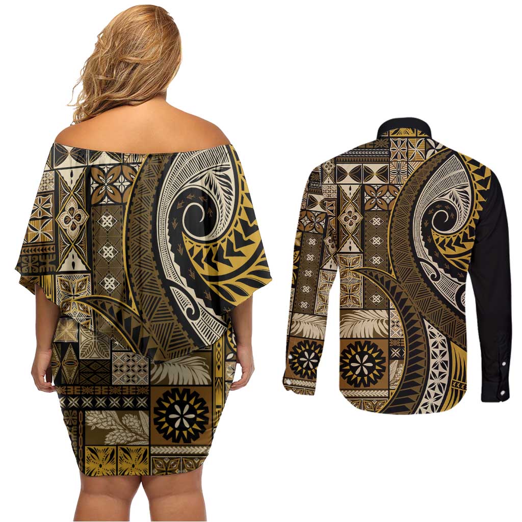 Vintage Samoa Siapo Mamanu Couples Matching Off Shoulder Short Dress and Long Sleeve Button Shirt Gold Samoan Tapa Motif LT9 - Polynesian Pride