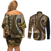 Vintage Samoa Siapo Mamanu Couples Matching Off Shoulder Short Dress and Long Sleeve Button Shirt Gold Samoan Tapa Motif LT9 - Polynesian Pride