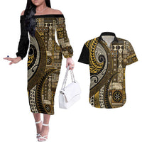 Vintage Samoa Siapo Mamanu Couples Matching Off The Shoulder Long Sleeve Dress and Hawaiian Shirt Gold Samoan Tapa Motif LT9 Gold - Polynesian Pride