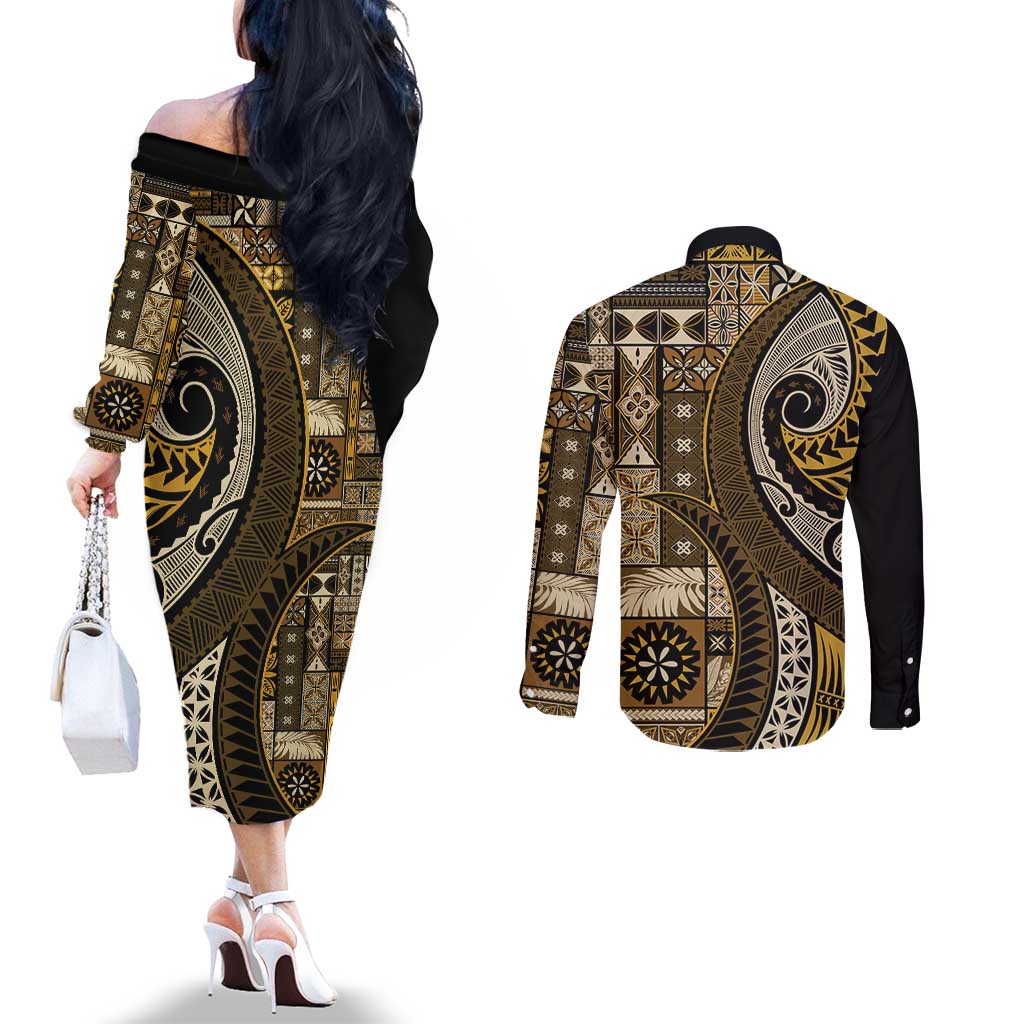Vintage Samoa Siapo Mamanu Couples Matching Off The Shoulder Long Sleeve Dress and Long Sleeve Button Shirt Gold Samoan Tapa Motif LT9 - Polynesian Pride